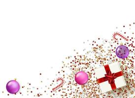 White gift box with red bow and color glass baubles with confetti. 3d vector flat lay banner