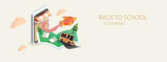 back to school colorful with school bus yellow and book elearning vector illustation