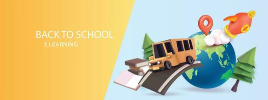 back to school colorful with school bus yellow and book elearning vector illustation