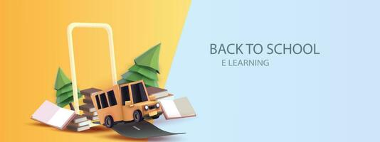 back to school colorful with school bus yellow and book elearning vector illustation