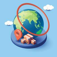 Online delivery service shopping online concept. on blue and cloud background 3D world delivery travel Location Paper Map, Search Bar and Pin red Isolated. vector