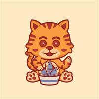 Cute cat animals eating fish cartoon illustration vector