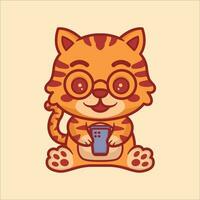 Cute cat animals holding a handphone cartoon illustration vector