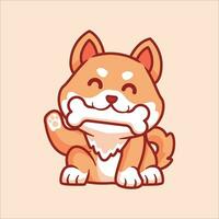 Cute shiba inu bite bone cartoon animals illustration vector