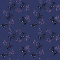 Abstract stylized floral branches seamless pattern. Simple tiny leaves branches on a dark blue background. Vector hand drawn. Design for fashion, textile, fabric, wallpaper, surface design