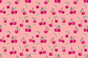 Seamless abstract cute cherry pattern. Summer berries, fruits, leaves, background print. Vector hand drawn fruits illustration. Template for design, fabric, fashion, wallpaper, textile