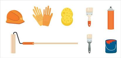 Painting, whitewashing tools. Painting, whitewashing item vector set illustration