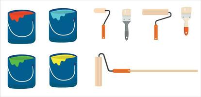 Painting, whitewashing tools. Painting, whitewashing item vector set illustration