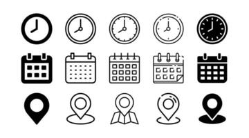 Time, date, and location icons in different shapes vector