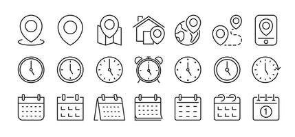 Time, date and address concept editable stroke outline icons set isolated on white background flat vector illustration. Pixel perfect. 64 x 64.