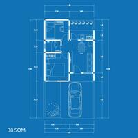 Floor plan blueprint type 38 sqm, Figure of the jotting sketch of the construction and the industrial skeleton of the structure and dimensions. vector eps 10