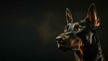 AI generated Adult beautiful Doberman pinscher on a dark background, studio portrait of a dog with copy space for concept and advertising photo