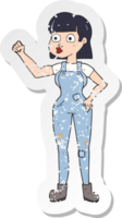 retro distressed sticker of a cartoon woman clenching fist png