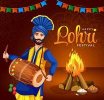 Happy Lohri and Makar Sankaranti Lohri celebration fire background with bhangra dancer and bonfire vector