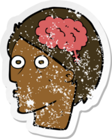 adesivo retrô angustiado de uma cabeça de desenho animado com símbolo do cérebro png