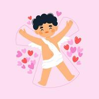 Happy little cupid surrounded by hearts. Vector flat illustration for Valentine s Day.