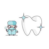 Cute dentist doctor holding dental mirror kawaii chibi flat outlined character. Tooth with sparkles. vector