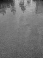 Black and white image of calm water with subtle ripples reflecting light, over a textured underwater surface. photo