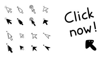 Doodle click now button set. Different mouse cursors with lettering for website or computer application, hand drawn vector arrow pointer