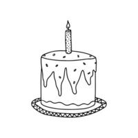 soltero garabatear pastel con vela para cumpleaños tarjeta, saludo, carteles, receta, culinario diseño. aislado en blanco antecedentes. mano dibujo vector ilustración.