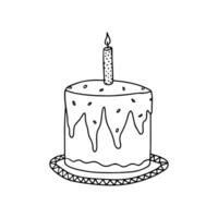 Single doodle cake with candle for birthday card, greeting, posters, recipe, culinary design. Isolated on white background. Hand drawing vector illustration.