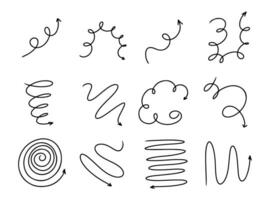 Doodle spring and spiral arrows set, hand drawn coil icons. Vector flexible lines for your design