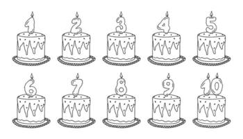 Vector set of doodle Birthday cakes with burning candles numbers. Simple vector hand drawn illustration for birthday card, greeting, posters, recipe, culinary design