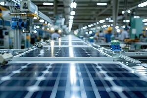 AI generated Solar Panel Production Process on Advanced Factory. Generative AI photo