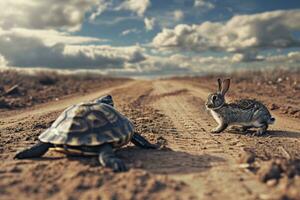 ai generado Tortuga y Conejo en carrera pista. concepto competir para éxito. generativo ai foto