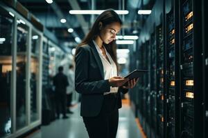AI generated Full body data center worker woman with tablet. Generative AI photo