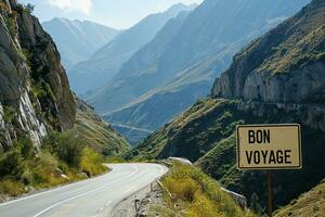 ai generado el la carretera es devanado en el montañas y tiene bon viaje grande señales. generativo ai foto