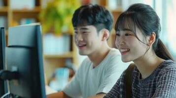 AI generated Asian two couple sitting at a computer. Generative AI photo