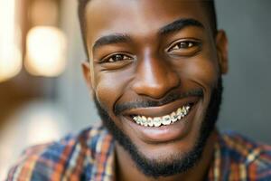 ai generado africano americano persona con tirantes sonriente. el concepto de moderno odontología. generativo ai foto