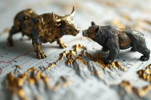 AI generated Stock market bull fighting bear top of stock market graph. Generative AI photo