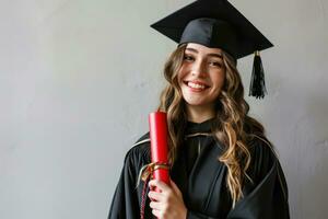 AI generated Female graduate smiling holding diploma on white isolated background. Generative AI photo