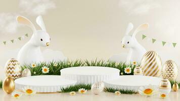 3d rendering illustration easter day and podium realistic rabbit bunny with gold easter egg elements and flower with grass decorations. photo