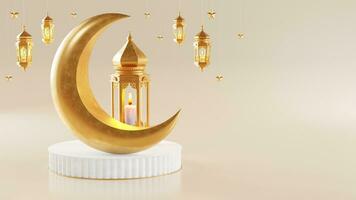 3d Ramadán kareem podio con dorado Luna estrella y linterna, mezquita puerta islámico patrón, Arábica café maceta, fecha palma fruta, podio como lujo islámico antecedentes. decoración para Ramadán kareem foto