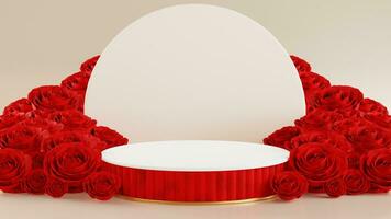 3d render valentine's day with red podium display for product in love, rose and heart with cylinder podium stand to show cosmetic product on background. photo