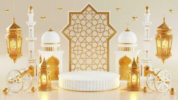 3d Ramadan Kareem podium with golden moon star and lantern, mosque door islamic pattern, arabic coffee pot, date palm fruit, podium as luxury islamic background. decoration for ramadan kareem. photo