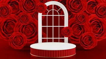 3d render valentine's day with red podium display for product in love, rose and heart with cylinder podium stand to show cosmetic product on background. photo