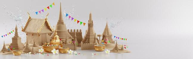 3d rendering illustration background for Songkran festival background in thailand water festival 3d with with blue water splash,thai architecture. photo