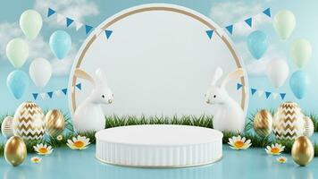 3d rendering illustration easter day and podium realistic rabbit bunny with gold easter egg elements and flower with grass decorations. photo