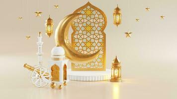 3d Ramadán kareem podio con dorado Luna estrella y linterna, mezquita puerta islámico patrón, Arábica café maceta, fecha palma fruta, podio como lujo islámico antecedentes. decoración para Ramadán kareem foto