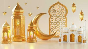 3d Ramadán kareem podio con dorado Luna estrella y linterna, mezquita puerta islámico patrón, Arábica café maceta, fecha palma fruta, podio como lujo islámico antecedentes. decoración para Ramadán kareem foto