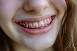 ai generado joven mujer con tirantes sonriente boca cerca arriba el concepto de moderno odontología. generativo ai foto
