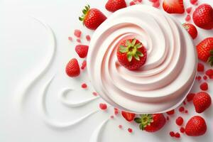 AI generated Floating yoghurt swirl with strawberries isolates background. Generative AI photo