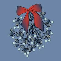 Mistletoe. Vector illustration of hanging mistletoe sprigs with with berries and red bow.