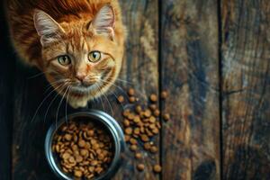 ai generado parte superior vista, foto de un gato comiendo desde un cuenco de alimento, Copiar espacio. generativo ai