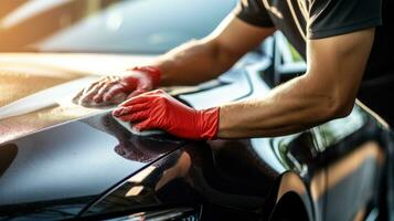 ai generado un hombre meticulosamente limpieza un coche con un microfibra paño. generativo ai foto