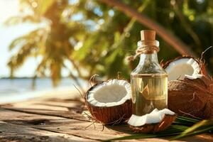 AI generated Glass bottle of oil next to coconuts on wooden table top, blurred sunny tropical beach background photo